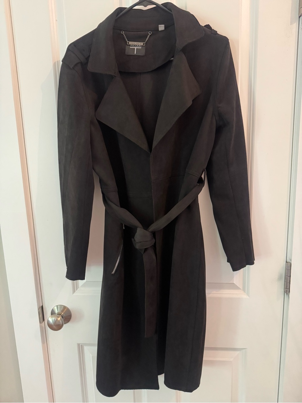 Tahari Black Long Belted Trench Coat